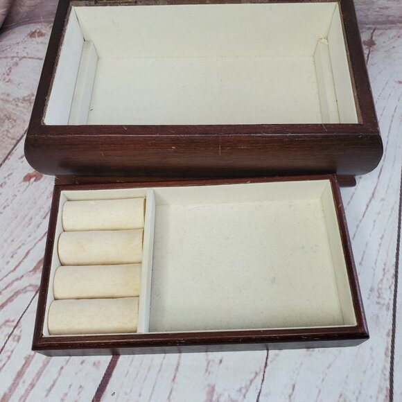 Vintage Brocade Fabric Velvet Lining Mirror 2 Tier Wooden Ring & Jewelry Box - Picture 4 of 12